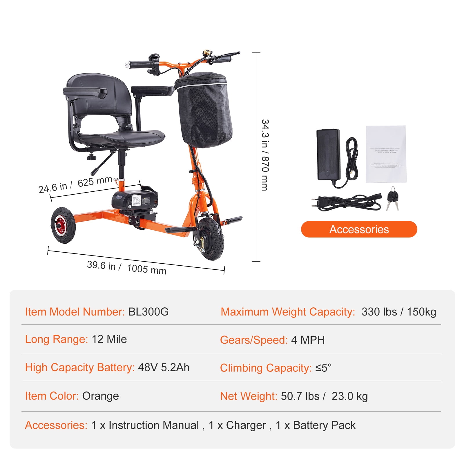 KFFKFF Folding Electric Mobility Scooter for Adults Seniors, 12 Mile Range Portable Electric Scooter, Height-Adjustable Seat and Handlebar, 330lb Weight Capacity