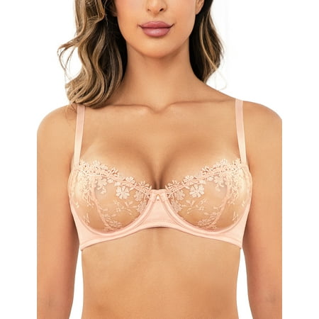Wingslove Women s Sexy Lace Sheer Bra Demi Mesh Balconette See Through Unlined Underwire with Silicone Nipple Pink Nude 36D