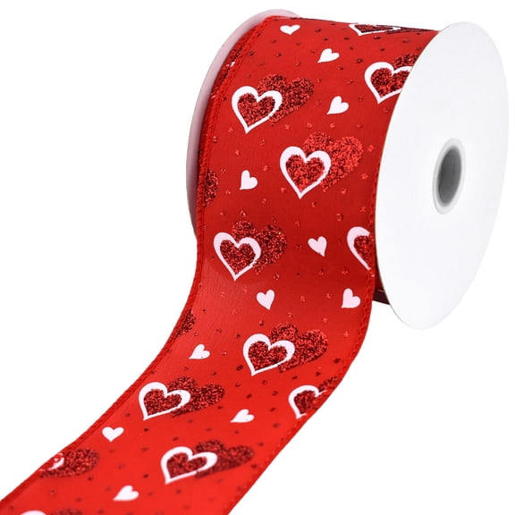 Homeford Valentine's Polka Dots Glittered Hearts Satin Wired Ribbon, 2-1/2-inch, 10-yard, Red