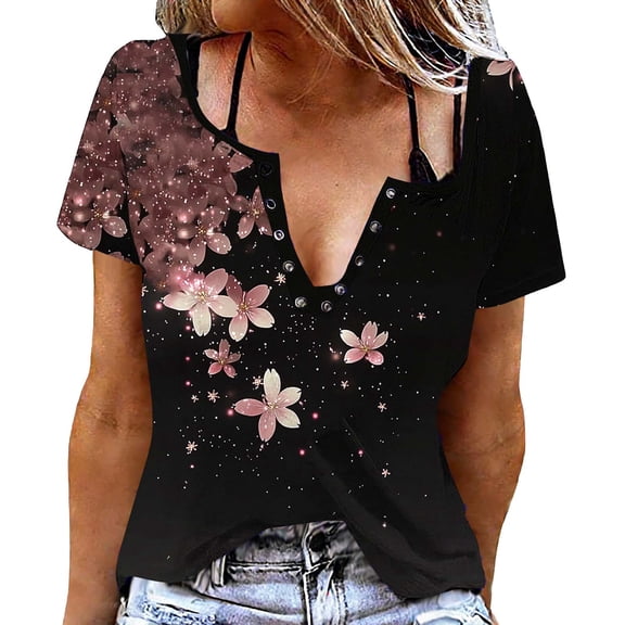 MaFYtyTPR Women's Short Sleeve Tops Trendy Casual Printed Loose Button-Up V-Neck Short Sleeve Women's T-shirts Pink L