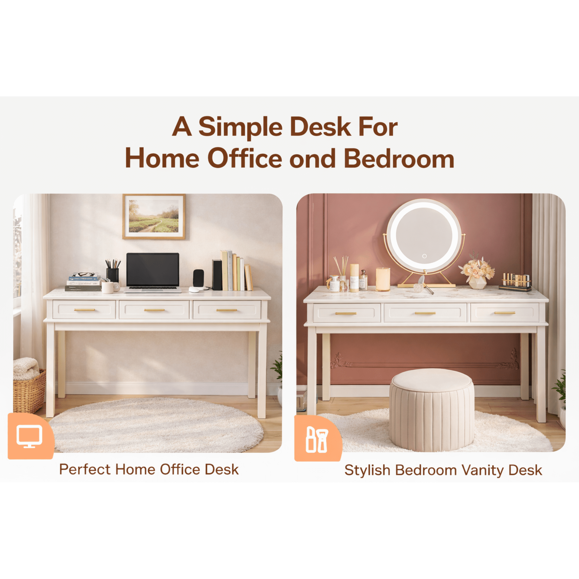 47.2 inch Writing Desk with 3 Drawer,Modern Computer Desk Small Desk Multipurpose Dressing Table for Bedroom,Small Home Office,White