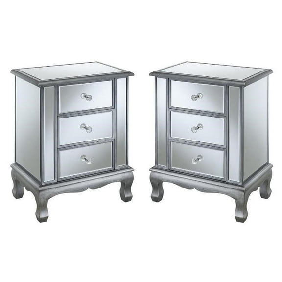 Home Square Three-Drawer End Table in Mirrored Glass and Silver Wood - Set of 2