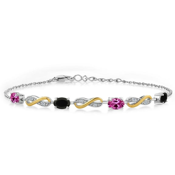 Gem Stone King 1.85 Ct Pink Created Sapphire Black Onyx 925 Silver and 10K Yellow Gold Lab Grown Diamond Infinity Bracelet for Women Mother's Mom Wife Her, Fully Adjustable up to 7.5 inch)