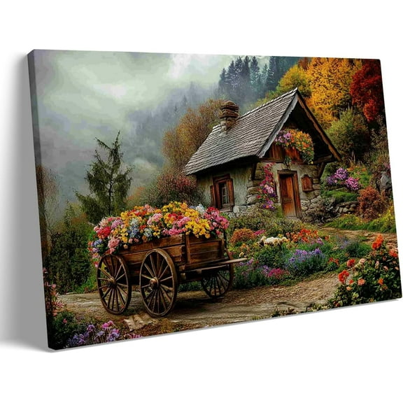 Spring Countryside Print Wall Art Mountain Cottage with Wildflowers and Greenery Canvas Painting Posters Room Aesthetic Decor Spring Easter Farmhouse Wall Decoration Large Frame wall art