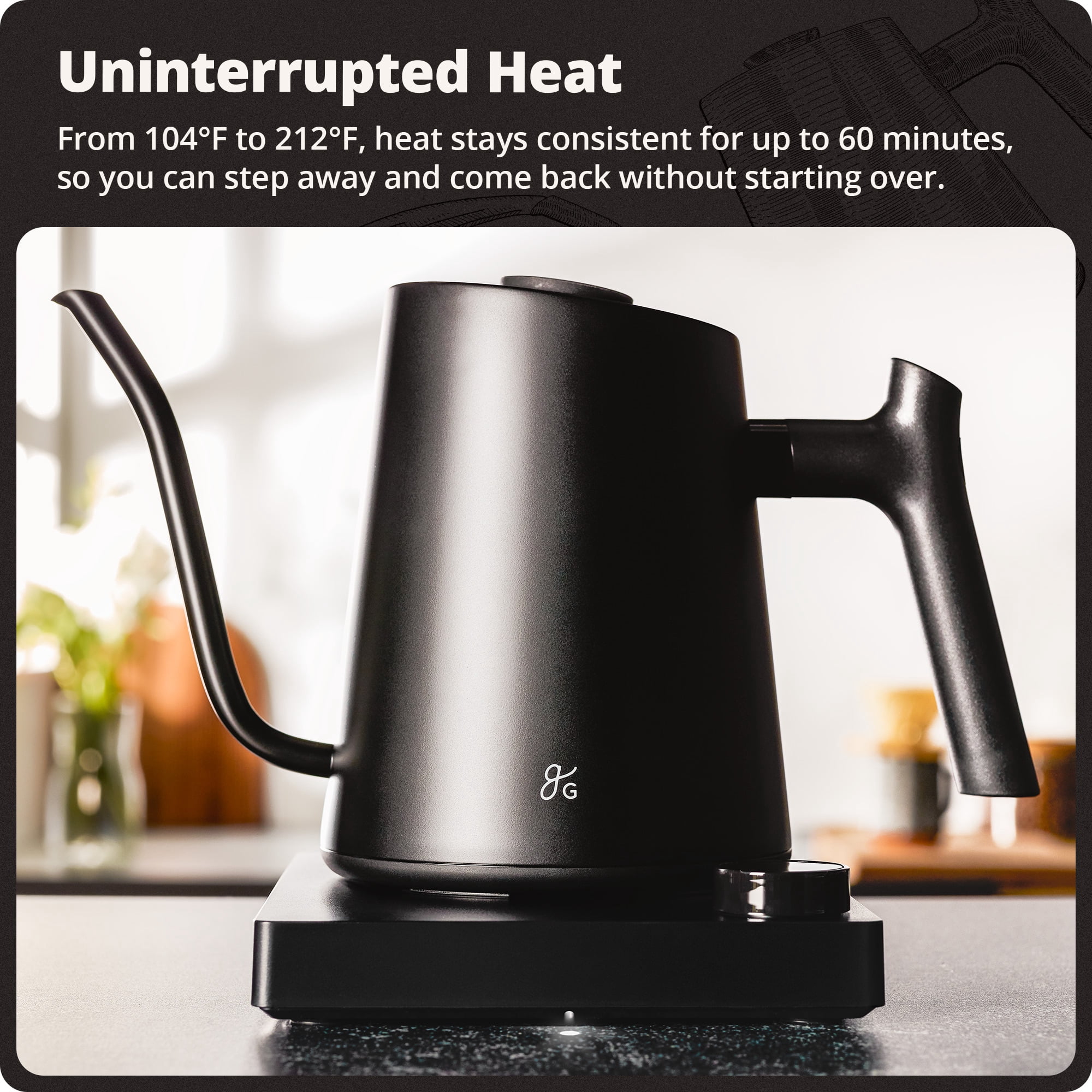 Greater Goods 0.8L Electric Gooseneck Kettle, Variable Temp Control, 1200W Fast Boil, Pour Over Coffee & Tea Kettle, Stainless Steel, BPA Free, Onyx Black