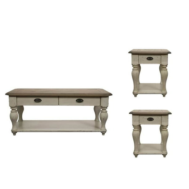 3 Piece Farmhouse Coffee And End Table, White Coffee Table And End Tables Set