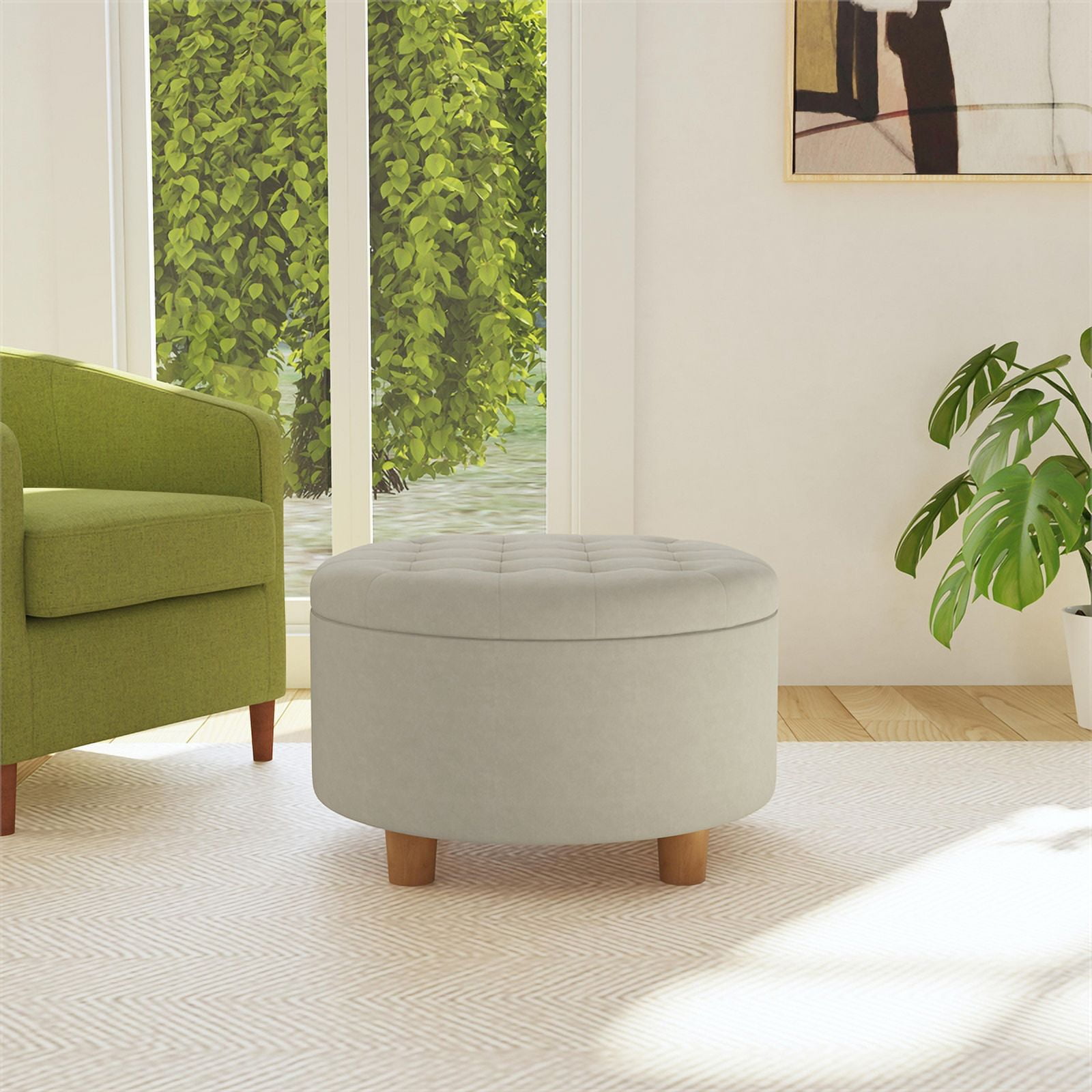 HomePop Large Round Button Tufted Storage Ottoman, Fawn Velvet