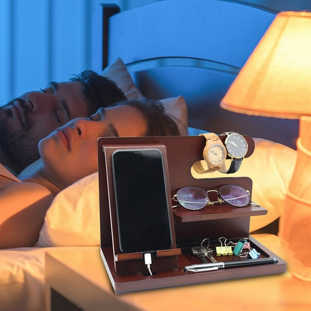 Phone Holder Stable Multifunctional Wooden Phone Organizer Key Wallet Watch Storage Shelf for Bedside Table