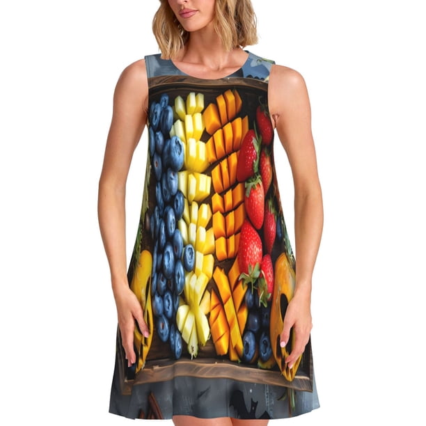 Easygdp Halloween Fruit Platter para Vestido Transpirable de Mujer, Vestido Suelto de Manga Corta con Pliegues y Bolsillos para el Verano