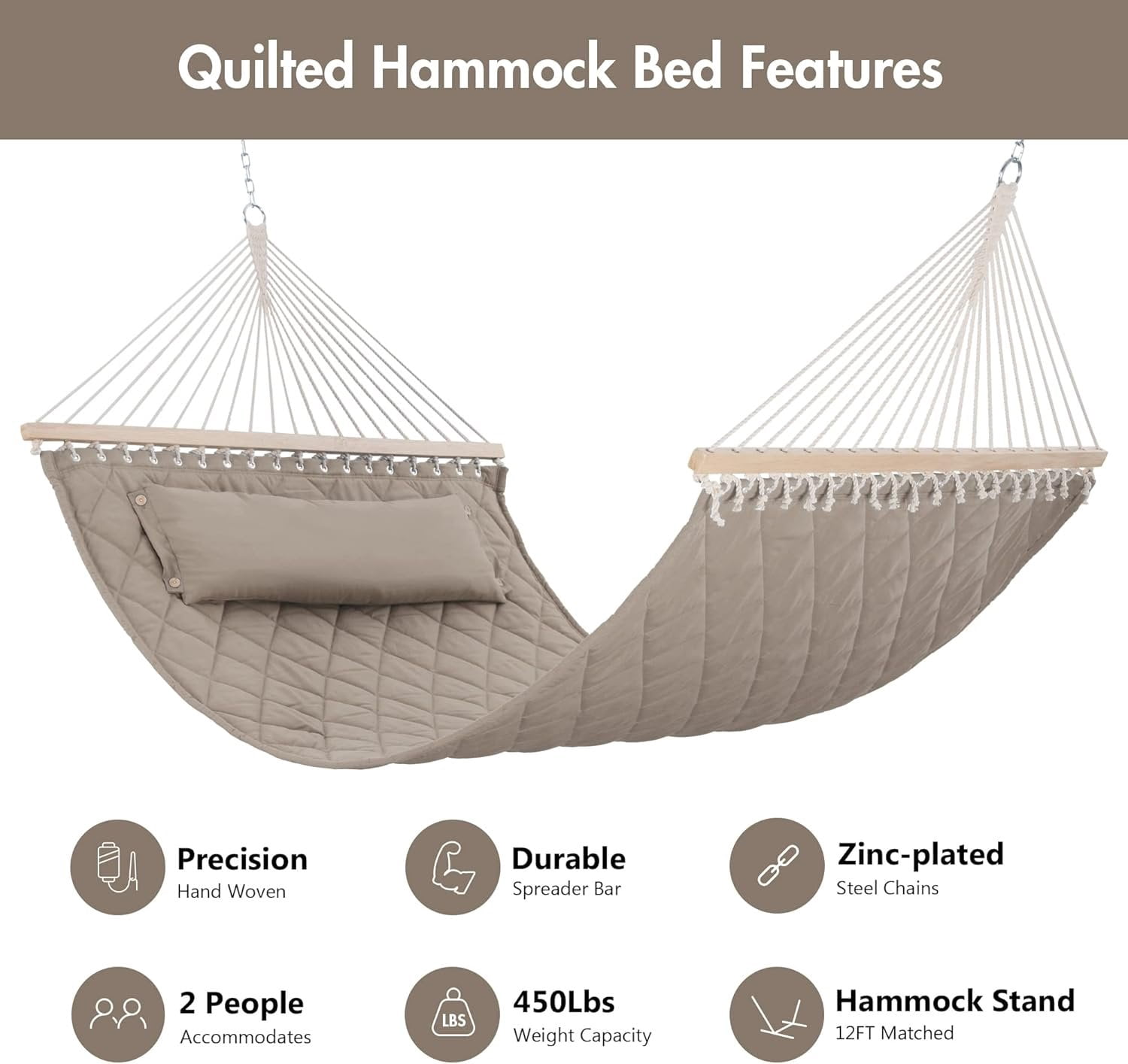 Double Hammock with Spreader Bars and Detachable Pillow, 2 Person Hammock for Outside, 450 LBS Weight Capacity, Light Brown