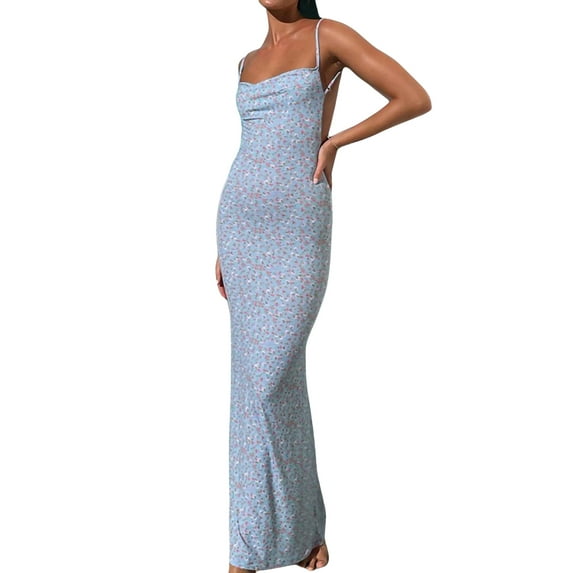 Gureui Women's Bodycon Dress, Spaghetti Strap Sleeveless Backless Floral Printed Stretch Slim Fit Party Beach Long Dresses