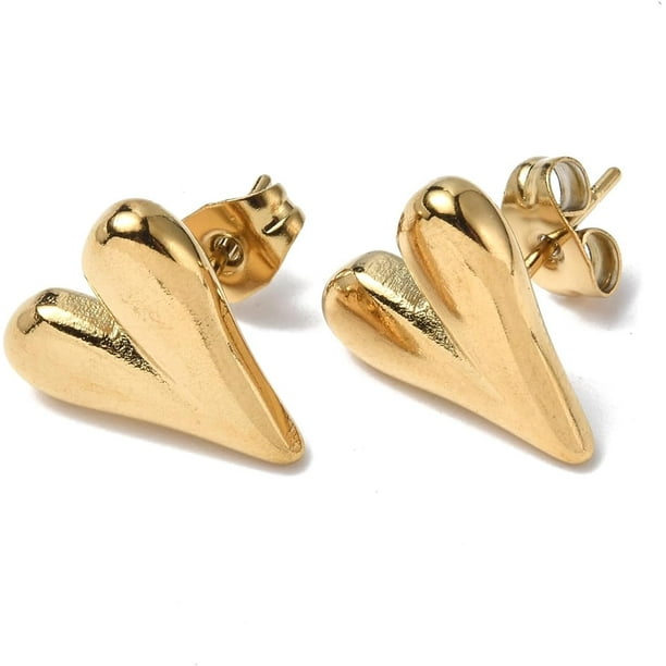 2 Pendientes de botón con forma de corazón de acero inoxidable 304 para mujer. Pendientes sencillos con forma de corazón. Fornituras de joyería chapadas en oro auténtico de 18 quilates.