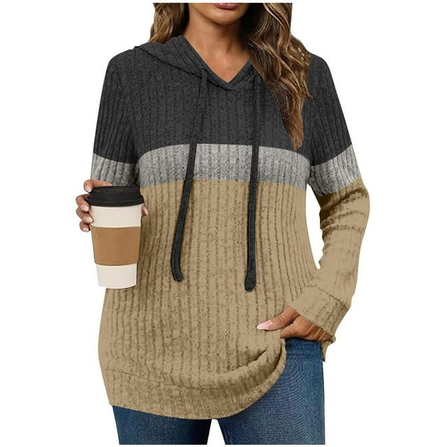 biudgviw Hoodies for Women Ribbed Knit Drawstring Long Sleeve Tops Casual Soft Color Block Pullover Sweaters for Fall Winter