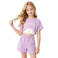 thumbnail image 3 of Girls 3-Piece Summer Outfit Set Print Crop Top & Elastic Waist Shorts Casual Breathable Clothing for Kids Purple Size 9-10 Years, 3 of 4