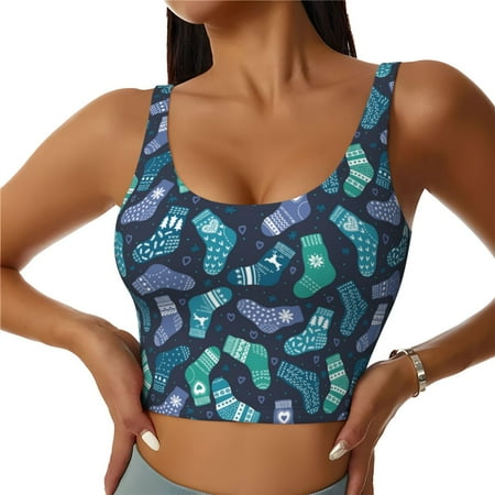 Adobk Green Christmas Print Socks Print Sports Bras for Women Longline Workout Crop Tank Tops Padded with Built in Shelf Padded Sports Bra-Medium