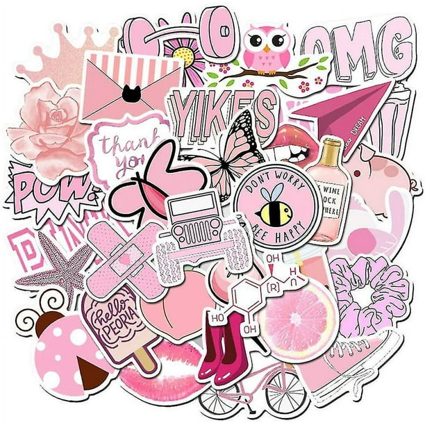 50 Uds. De pegatinas de Color rosa, pegatinas impermeables con tema colorido para matraz, botella de agua para portátil, pegatinas de vinilo Vsco rosa estéticas bonitas