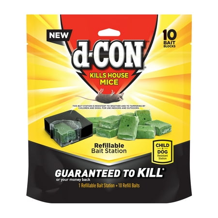 10 Traps - d-CON Refillable Corner Fit Mouse Poison Bait Station, 1 Trap + 10 Bait Refills