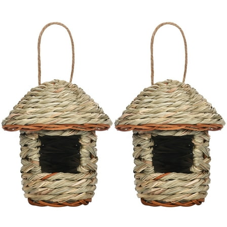 2-Pack Natural Woven Bird Houses - Outdoor Hanging Reed Grass Bird Nests for Garden, Yard, Patio Decor to Attract Finches, Wrens and Wild Birds