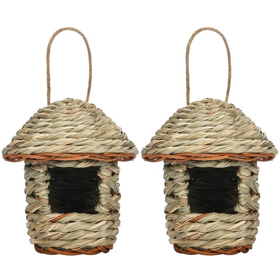 2-Pack Natural Woven Bird Houses - Outdoor Hanging Reed Grass Bird Nests for Garden, Yard, Patio Decor to Attract Finches, Wrens and Wild Birds