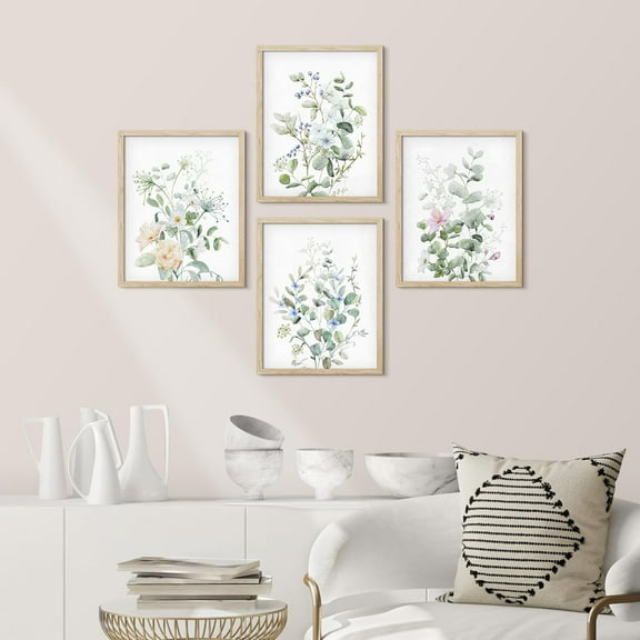 PixonSign Framed Wall Art Watercolor Greenery and White Flower Posters, Set of 4 Elegant Botanical Floral Illustrations Wall Decor, Adhesive Canvas Prints for Home Decor - 8"x10" Natural