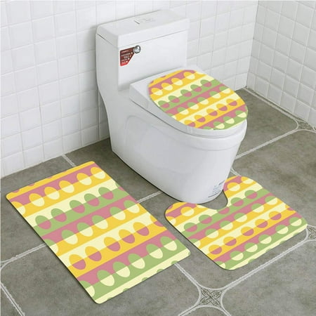 GOHAO Abstract Retro Textured Circle Geometric Shapes Over Striped Grid Background 3 Piece Bathroom Rugs Set Bath Rug Contour Mat and Toilet Lid (Best Off Grid Toilet System)