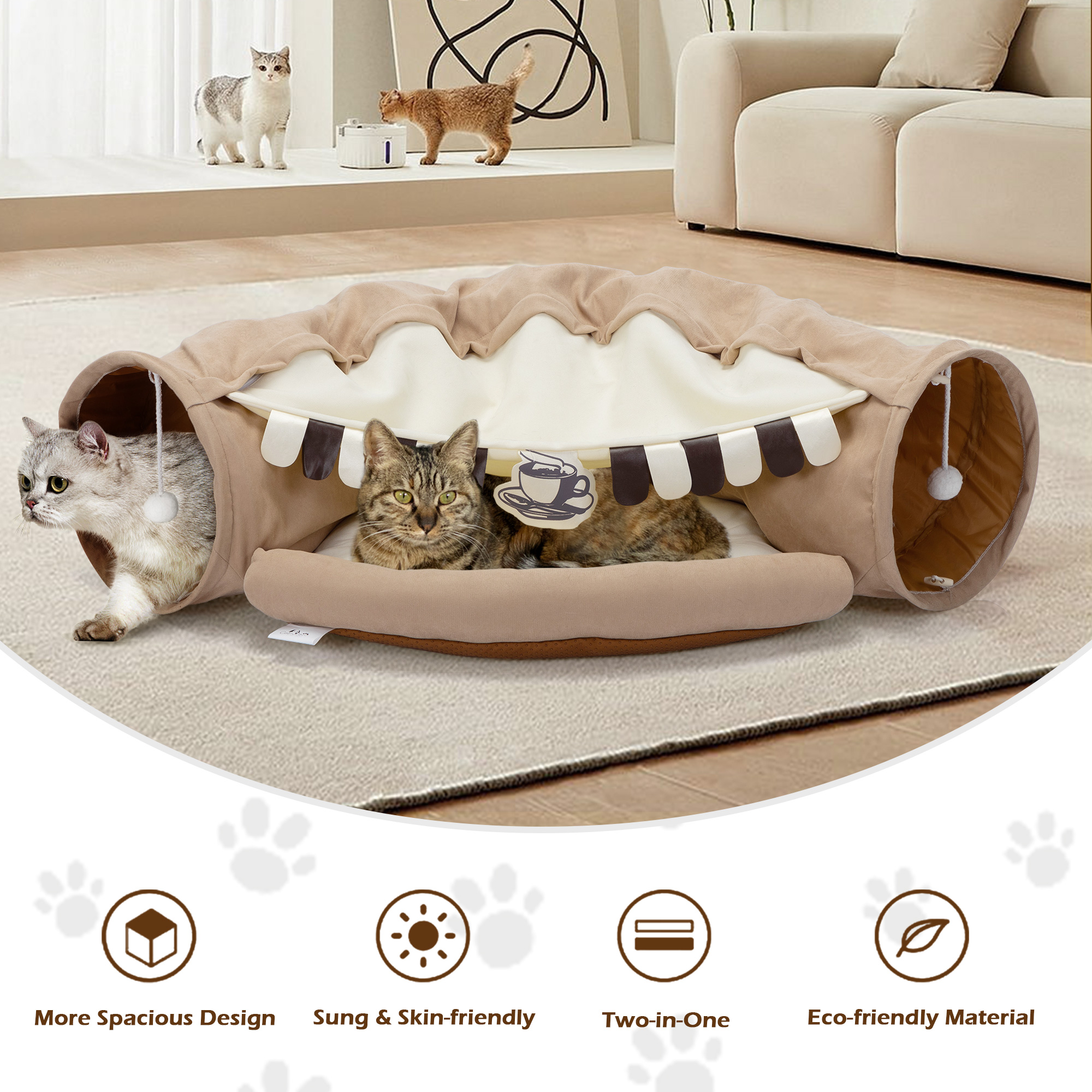 COZIWOW 2-in-1 Cat Tunnel Bed, Cat Tube with Collapsible Washable Mat for Indoor Cats, Coffee