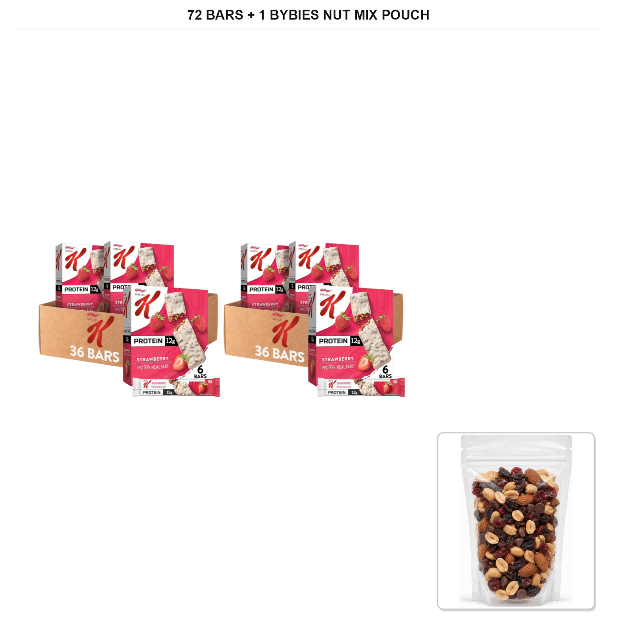 Special K Strawberry Protein Meal Bars, 72 Bars + 1x Bybies Nut Mix Pouch, 2 oz
