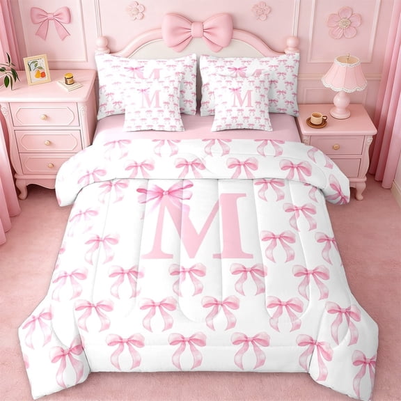Erosebridal Pink Letter D Personalized Initial7-Piece Twin Bedding Sets For Kids,Girly Bowknot Bedding Comforter Set,Pink Reversible