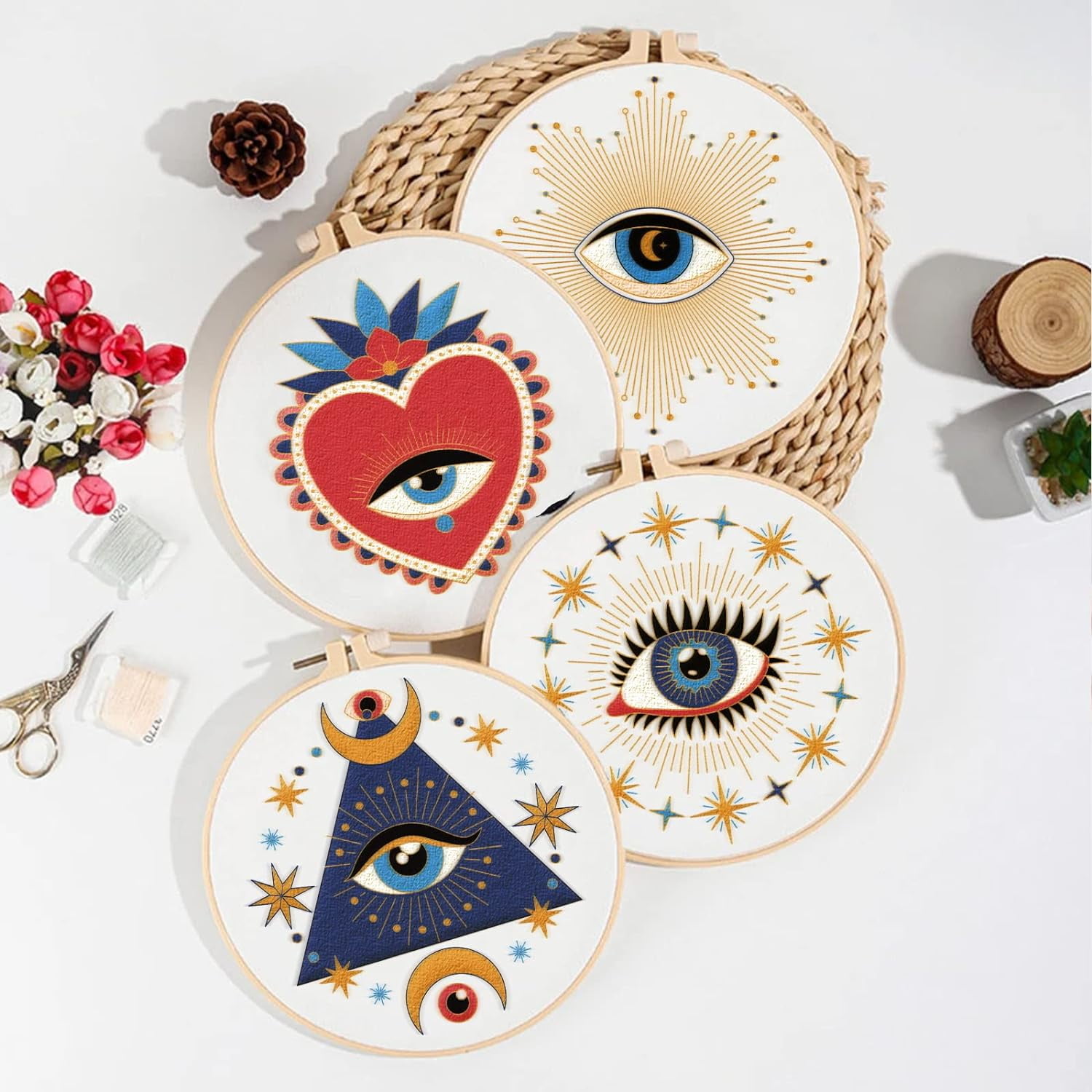 Evil Eye Embroidery Starter Kit for Beginners with Pattern and Instructions Includes Embroidery Cloth Hoops Threads and Needles