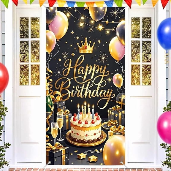 Happy Birthday Door Cover Gold and Black Birthday Door Banner for Party Decorations Cake Crown Champagne Balloons Backdrop Sign for Men Women Photo Booth Prop Wall Decor
