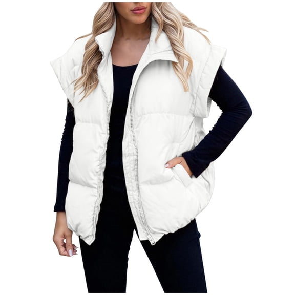 Womens Oversized Puffer Vest Cap Sleeve Stand Collar Full Zip Bubble Puffy Jackets Quilted Padded Warm Coat Outwear