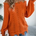 thumbnail image 6 of Women's Openwork Knit Sweater Casual Long-Sleeved Off-The-Shoulder Top With Frayed Edges, 6 of 7