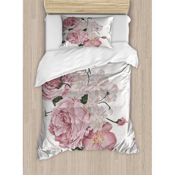 Ambesonne Rose Duvet Cover Set, Old Roses Corsage Grunge, Twin, Beige Rose Green