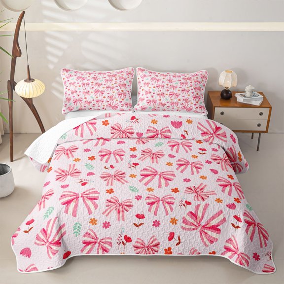 Erosebridal Kawaii Striped Bow Twin Quilt Set for Adults, Red Floral Ribbon Twin Coverlet Set, 2-Piece