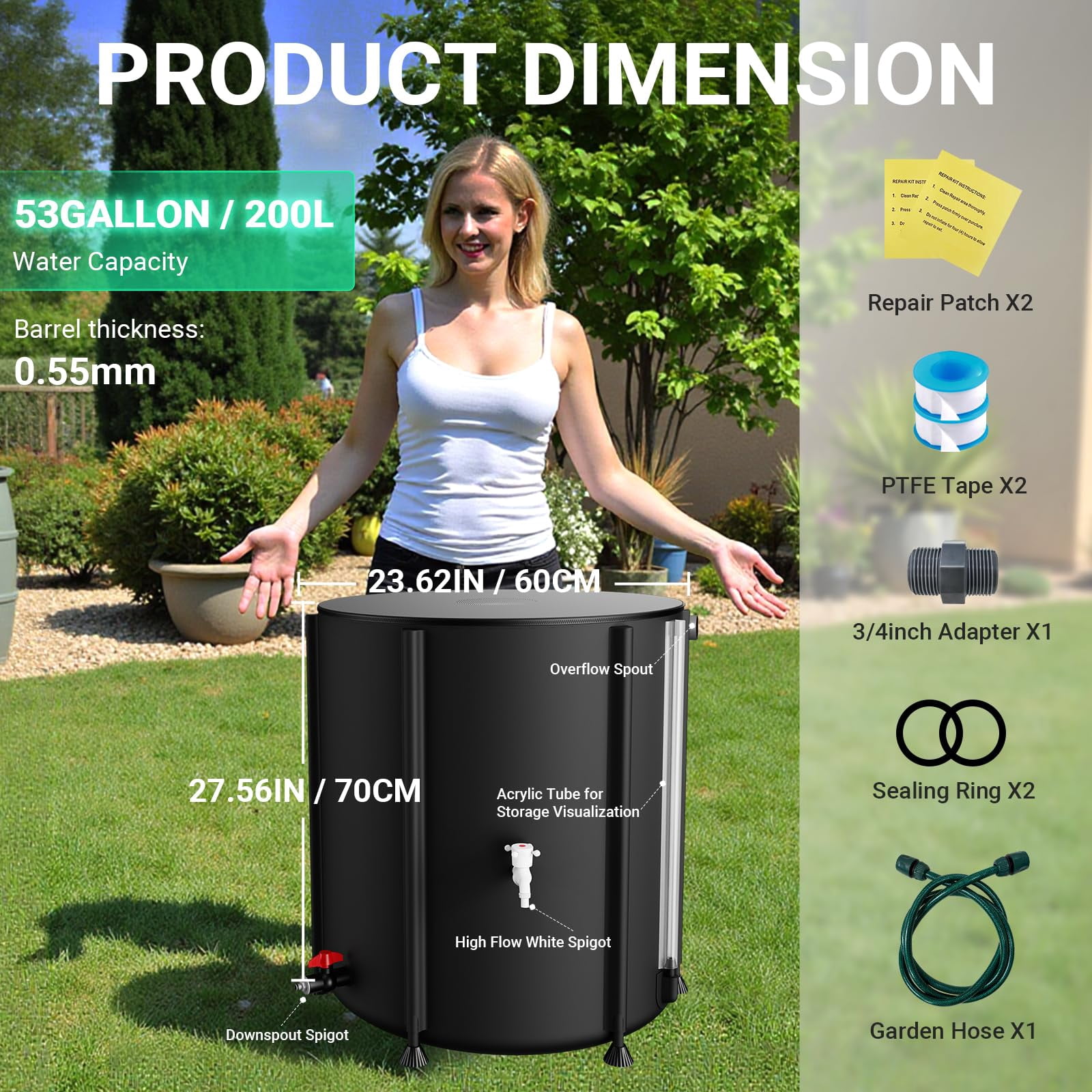 53 Gallon Collapsible Rain Barrel 1000D Rainwater Collection Storage Tank with Garden Hose