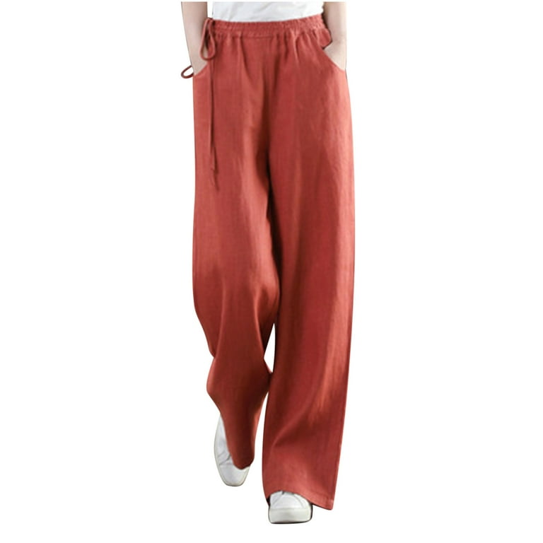 KIHOUT Women's Casual Loose Pants High Waist Solid Color Cotton Linen Side  Drawstring Belt Wide Leg Pants