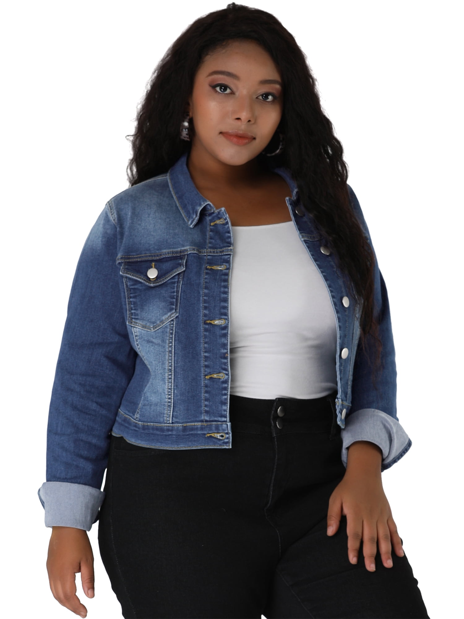 DARING DIVA Women's Plus Button Closed Cropped Denim Jacket 6X Blue