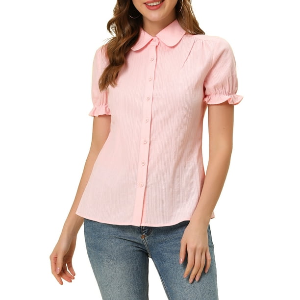 INSPIRAR CHIC Blusas de Algodón con Cuello Peter Pan y Botones Vintage para Mujeres, Día de la Madre, Rosa, XS