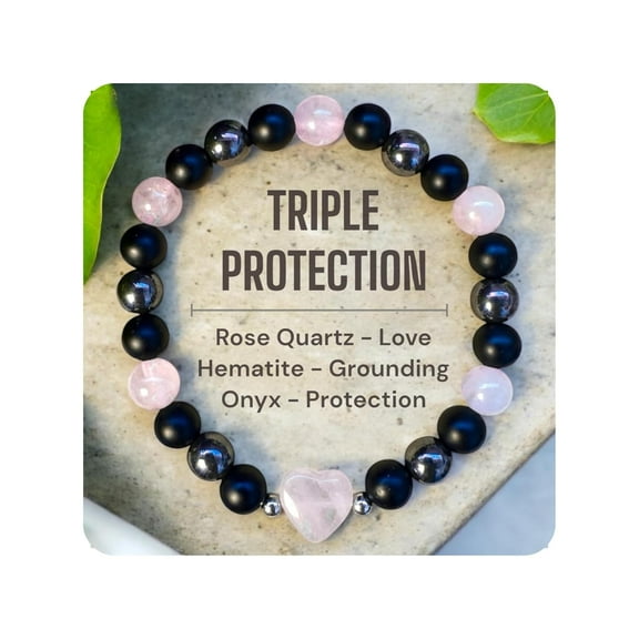 Rose Quartz Bracelet – Heart Crystal with Hematite & Onyx for Love, Healing & Emotional Balance – Handmade Stretch Bracelet for Women & Men – Spiritual Gift for Inner Peace