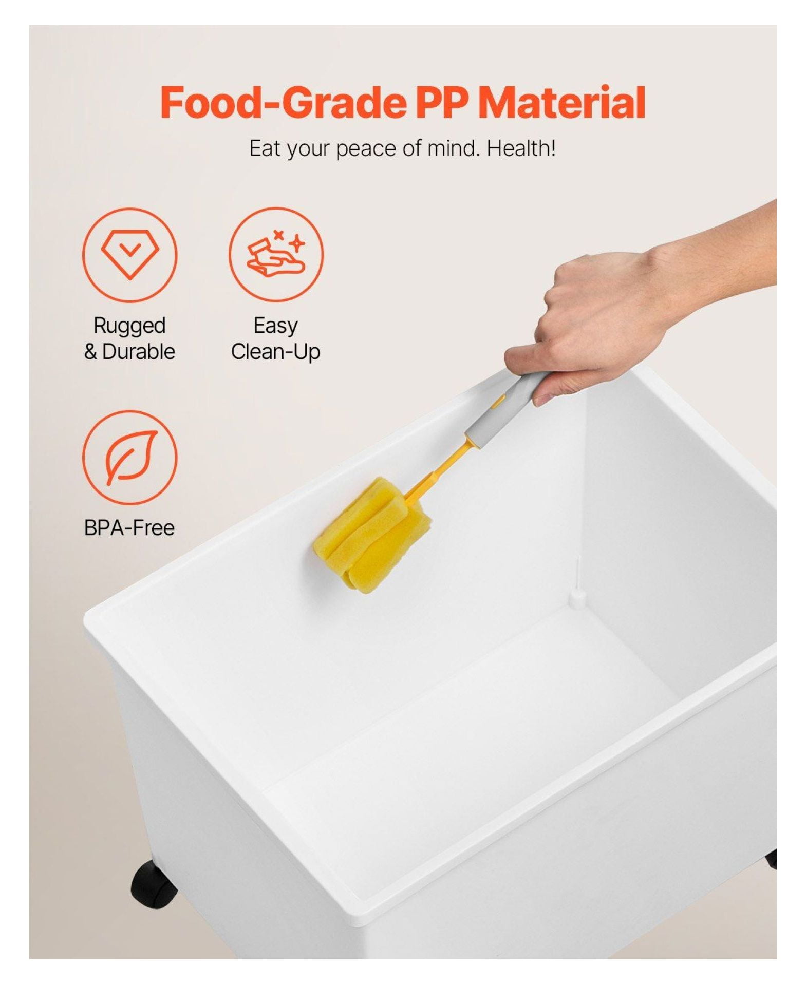 Ingredient Bins 10.5 Gallon - 3 Pack Food Storage Containers on Wheels, PP Airtight Flour Bins with Scoop & Sliding Lid, White Commercial Storage