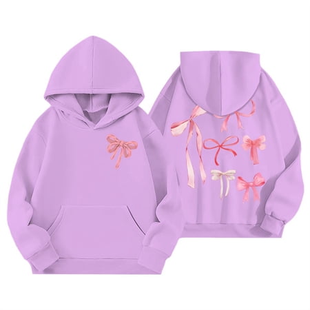 Ulitacool Winter Sweatshirt For Girls Long Sleeve Bow Print Hooded Sweatshirt Pullover Warmth Jacket Toddler Youth Kids Autumn O Neck Tops Comfortable Playsuit Purple 13-14 Years