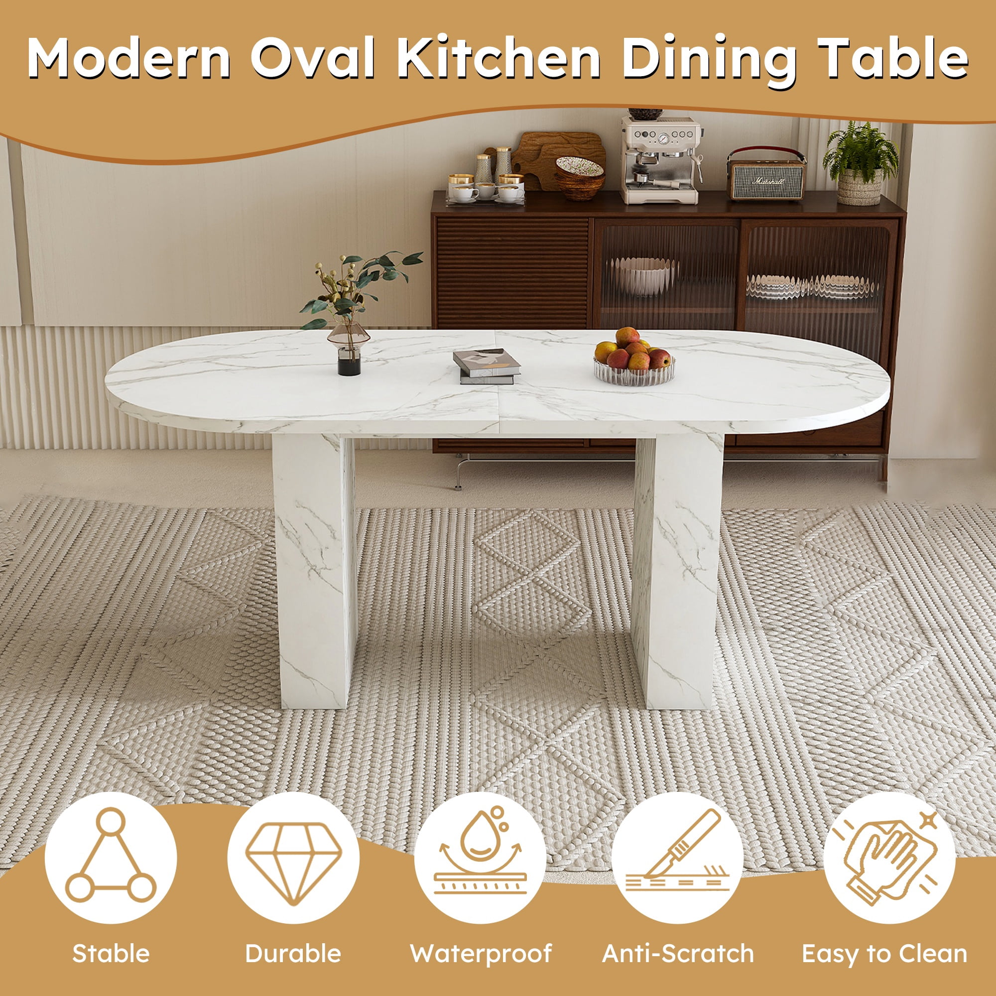PORKISS 63" Oval Dining Table for 6, Faux Marble Kitchen Table with Stitched Desktop, Modern Dining Room Table with Sturdy Double Pedestal Base, White