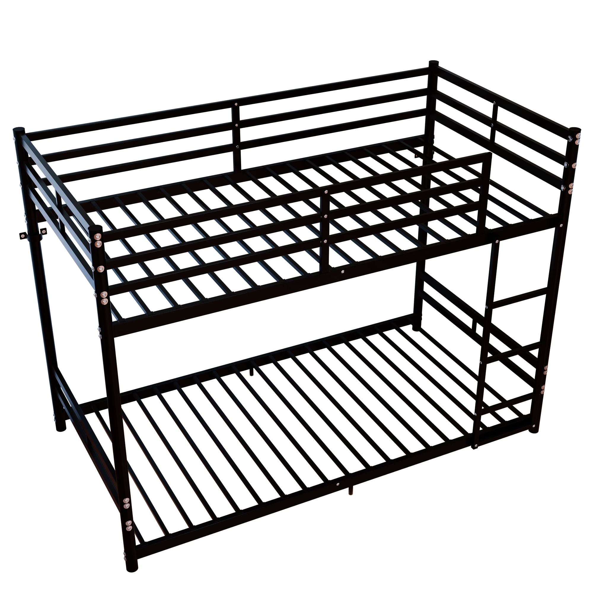 Twin Over Twin Metal Bunk Bed with High Guardrail & Ladder, Noise Free with Storage Space