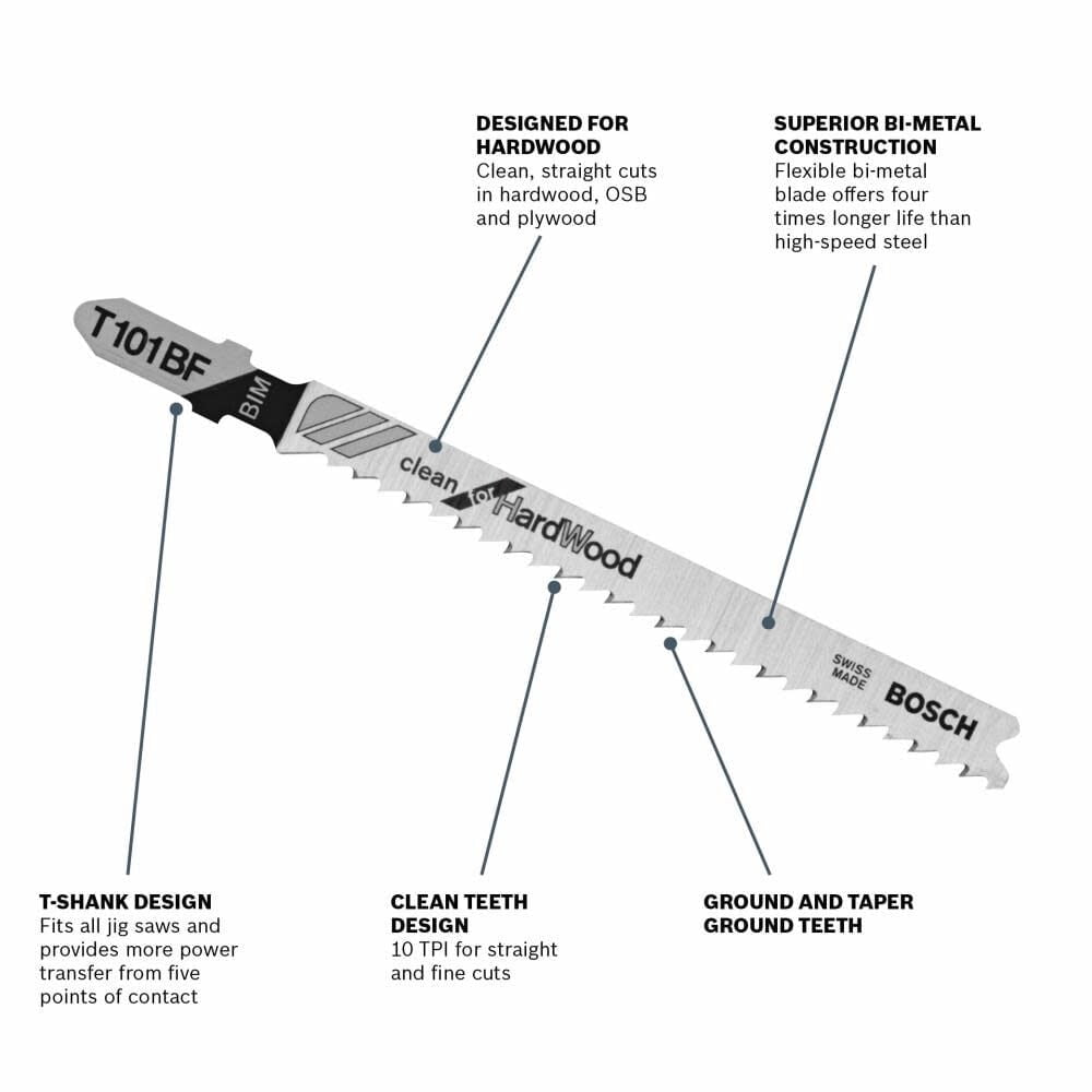 Bosch 4 in. Bi-Metal T-Shank Ground teeth and taper ground back Jig Saw Blade 10 TPI 5 pk