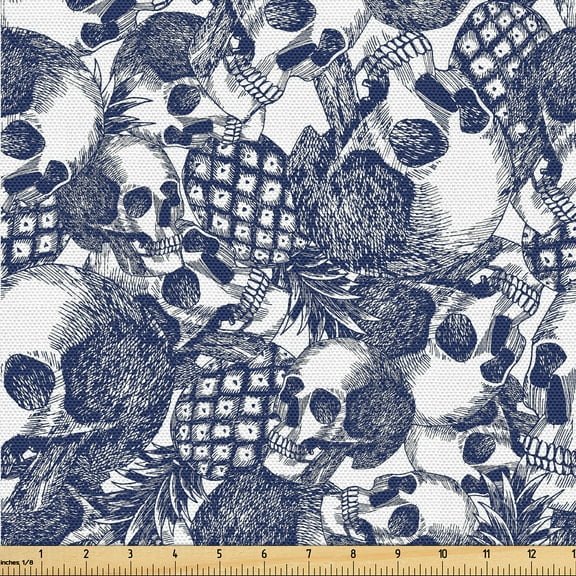 Ambesonne Skulls Fabric by the Yard Upholstery, Monochrome Sketchy Pineapple, 2 Yards, Navy Blue and White
