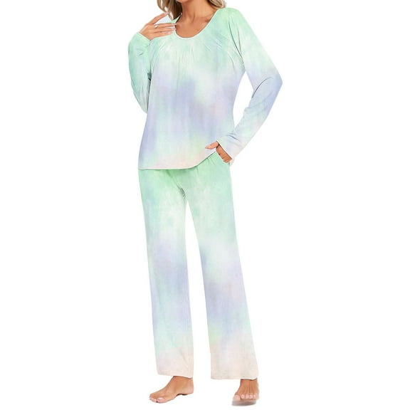 Uaswgudfs Pajama Sets for Women 2 Piece Soft Cute Pjs Round Neck Long Sleeve Lounge Set for Summer Sleepwear 2025
