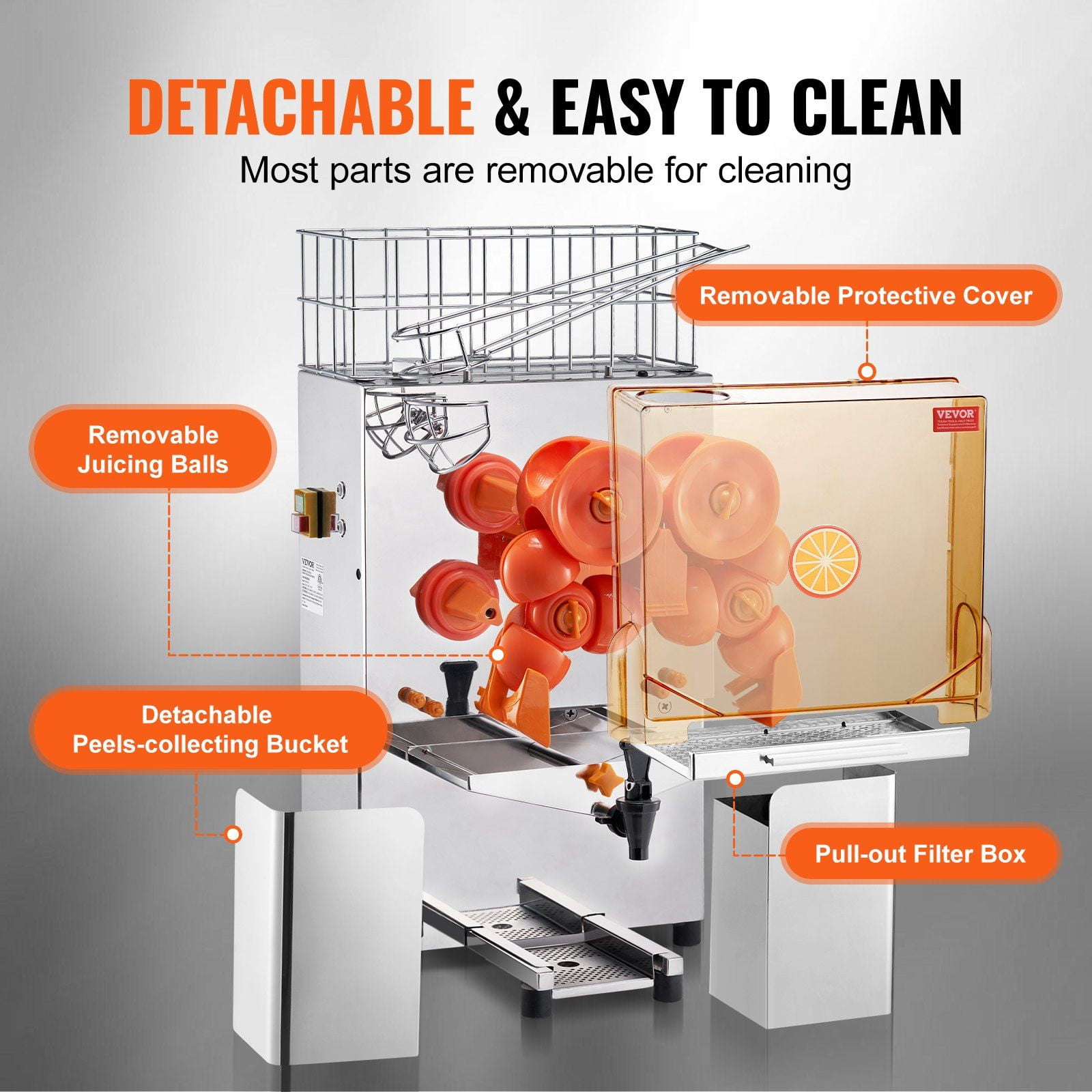 HCY Commercial Orange Juicer Machine, 120W Automatic Juice Extractor with Water Tap, Stainless Steel Orange Squeezer 20 Oranges/Minute, with Pull-Out Filter Box, PC Cover, 2 Peel Collecting Buckets