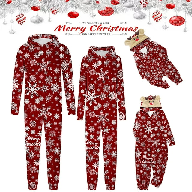 Penkiiy Pyjama de Noël Assorti pour la Famille, Pyjama de Vacances une Pièce à Capuche, Mignon Vêtement de Détente Imprimé Rouge