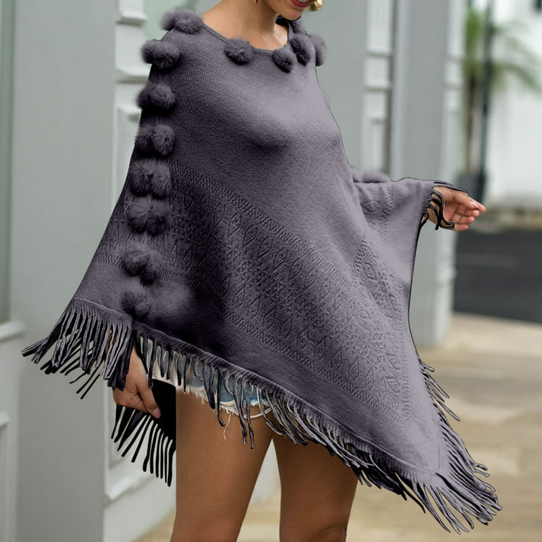 XFLWAM Women's Faux Fur Crew Neck Poncho Sweater Fall Winter Warm Irregular Fringed Hem Cloak Cape Loose Pullover Shawl Wrap Gray Free Size
