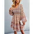 thumbnail image 2 of Liacowi Women Boho Mini Dress Flower Print V Neck Long Sleeve Flowy Dress Elastic Waist Short Dress, 2 of 6